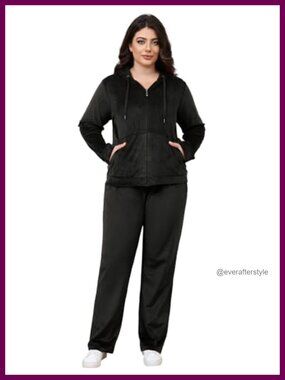 Plus Size Velour Tracksuit 2 Piece Hoodie Straight Leg Pants Set